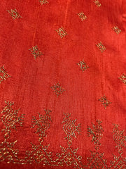 Orange peacock kasuti blouse close-up showing peacock embroidery work